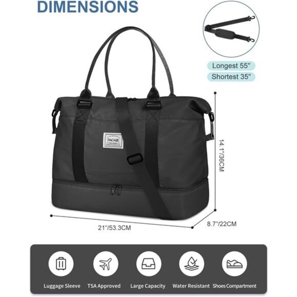 Travel Duffel Bag - Weekender, Overnight Gym Carry On Tote with Wet Pocket - Picture 6 of 8